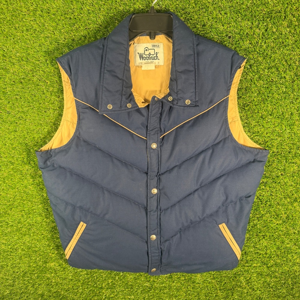 Woolrich‎ Mens Down Puffer Vest Blue Tan Western Yoke Vintage USA